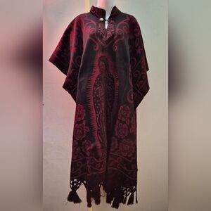 Black and Cherry Color Poncho with Virgin Mary Design